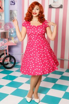 Claudia Flirty Fifties Style Polka Dot Dress In Hot Pink/White
