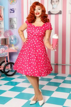Claudia Flirty Fifties Style Polka Dot Dress In Hot Pink/White