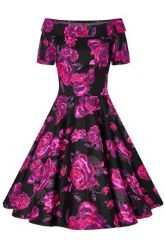 Darlene Retro Black/Pink Roses Swing Dress