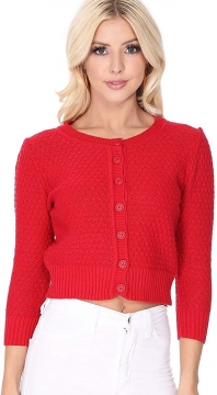 Cute Pattern Cropped Cardigan Sweater: RED 