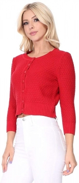 Cute Pattern Cropped Cardigan Sweater: RED 