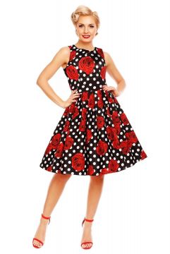 Annie Retro Swing Dress in Black Rose Polka