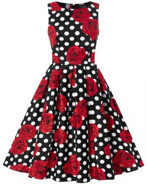Annie Retro Swing Dress in Black Rose Polka