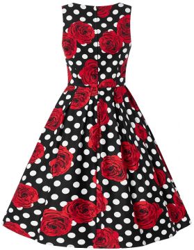 Annie Retro Swing Dress in Black Rose Polka