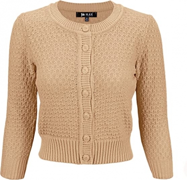 Cute Pattern Cropped Cardigan Sweater: TAN