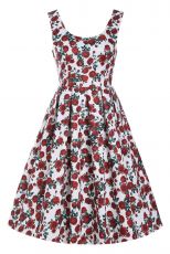  Amanda Cotton White Scoop Neck Red Rose Print Swing Dress
