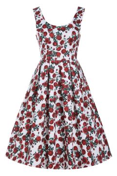  Amanda Cotton White Scoop Neck Red Rose Print Swing Dress