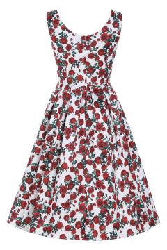  Amanda Cotton White Scoop Neck Red Rose Print Swing Dress