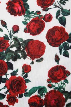  Amanda Cotton White Scoop Neck Red Rose Print Swing Dress