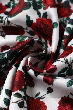  Amanda Cotton White Scoop Neck Red Rose Print Swing Dress
